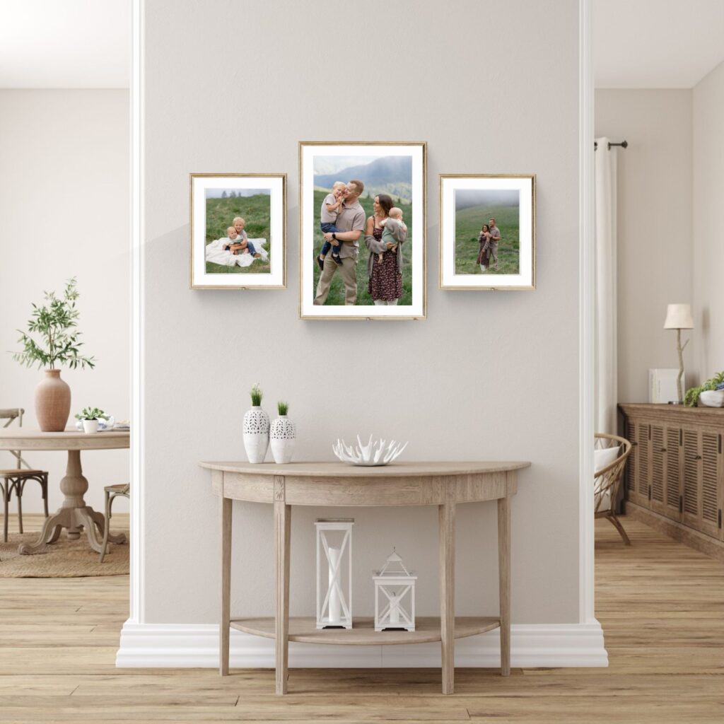 Three framed images featuring photos from a family photoshoot shown in a home.